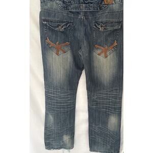Vintage Fusai Focus Denim Back Cinch Y2K Distressed Flap Pocket Jeans W40 L33